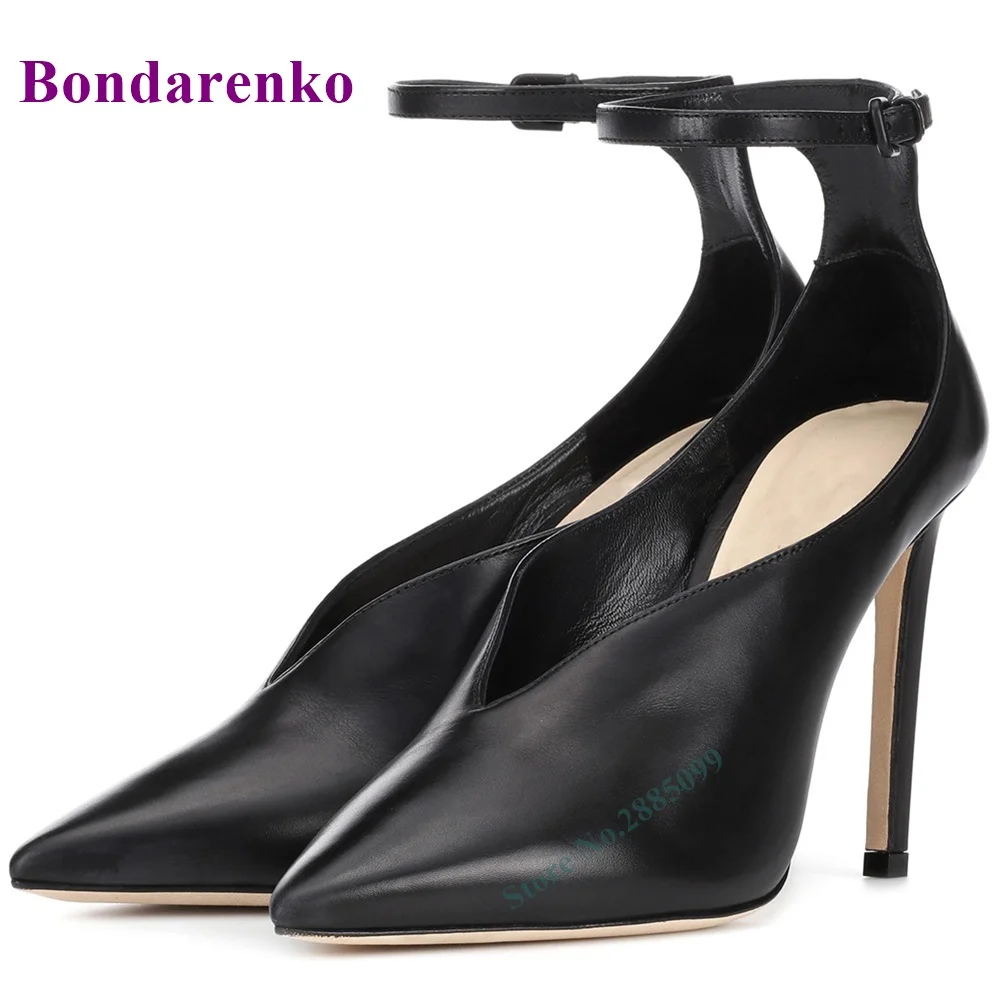 Solid Leather V Cuts Ankle Pumps Female Dress Shoe Pointed Toe Buckle Strap Thin High Heel Pumps Spring Summer Women Office Pump