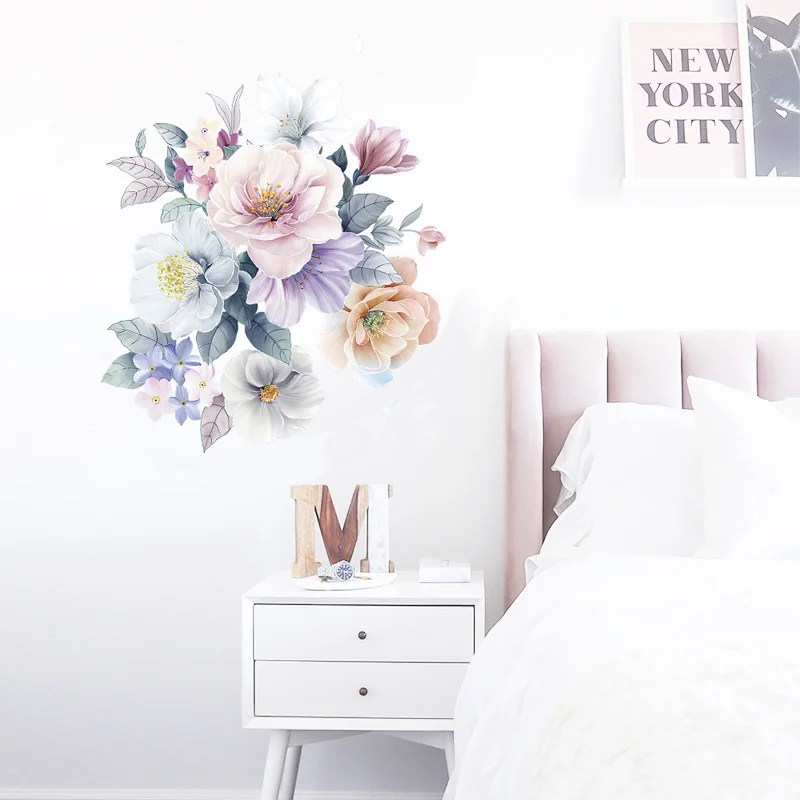 Romantic Flowers Wall Sticker Home Wall Decoration Living Room Bedroom Decor Literary Water Color Wallpaper Removable Stickers