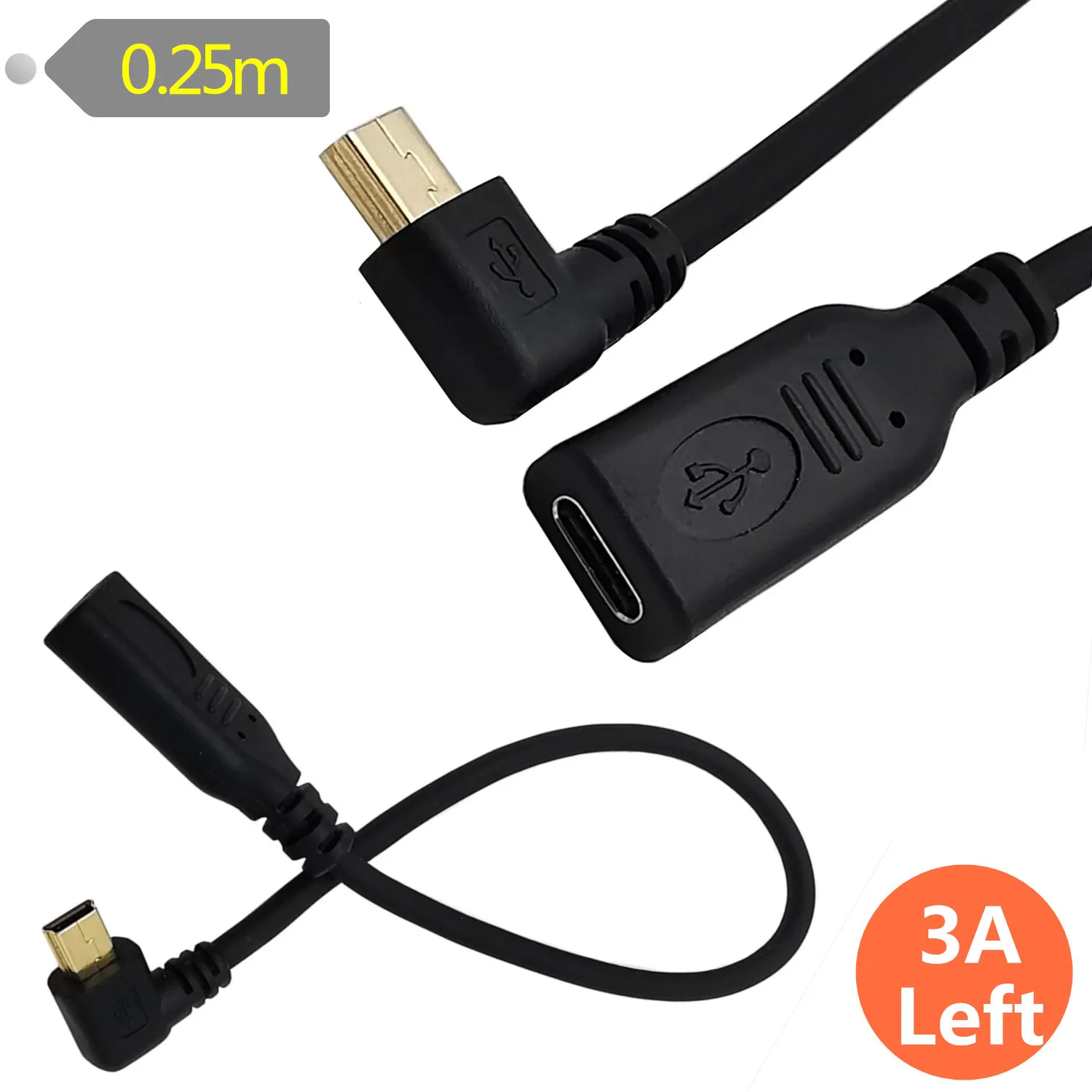 مطلية بالذهب 3A USB-C نوع C إلى USB صغير حتى أسفل اليمين الأيسر 90 درجة كابل USB-C أنثى إلى USB صغير كابل موصل ذكر 0.25 متر