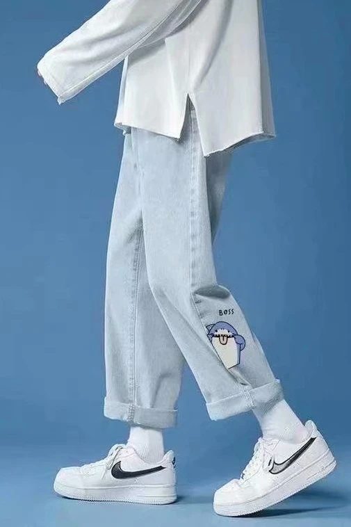 Cartoon print jeans straight leg high waist casual pants джинсы для мужчин брюки мужские ropa hombre denim trousers pantalon2021