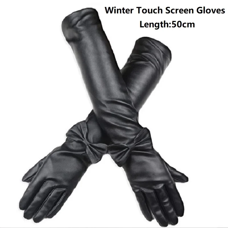 Luxury Leather Winter Hand Gloves For Women Winter Women Leather Long Gloves Touch Screen Gloves For Women Warm 50CM