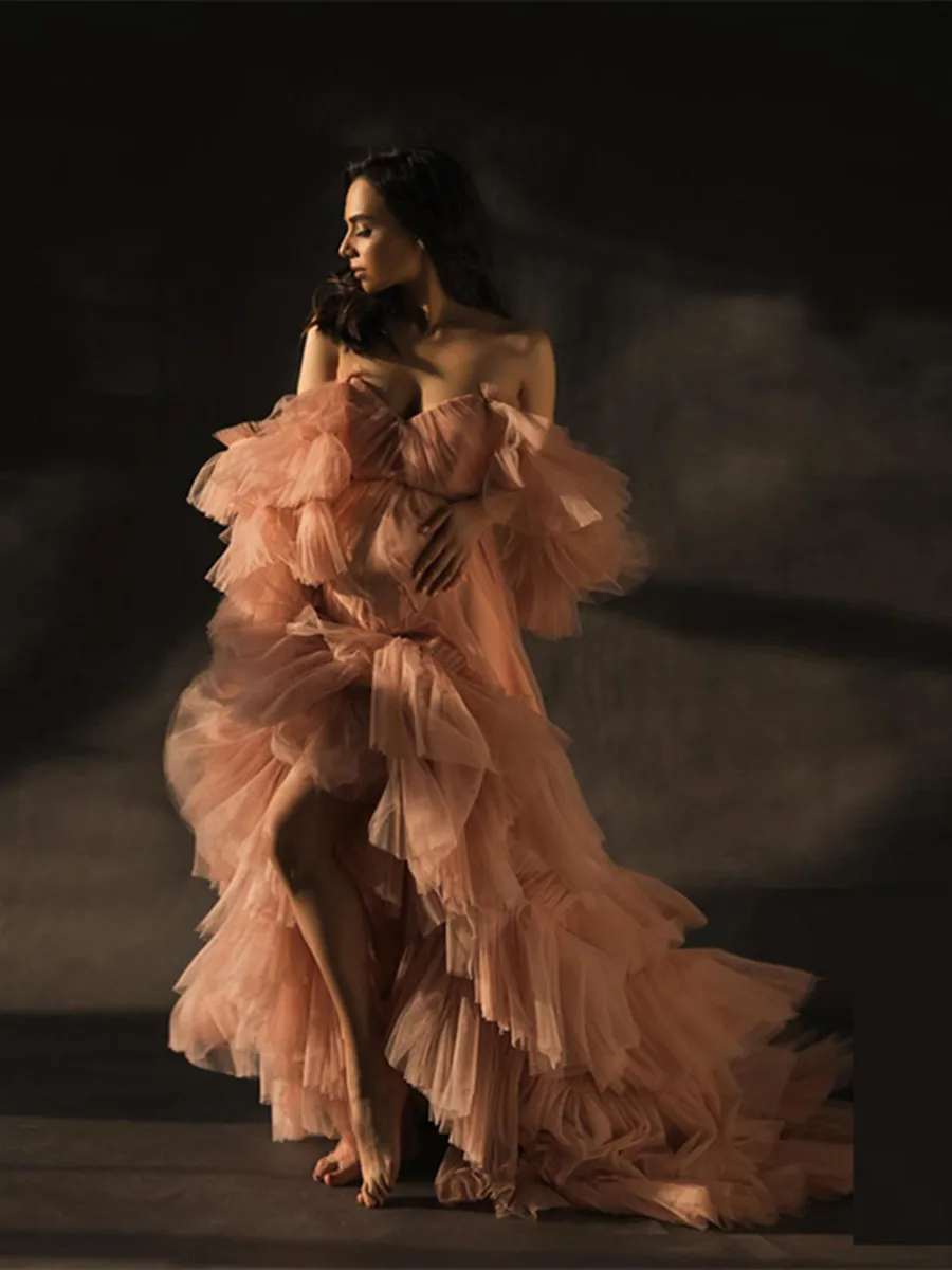 Doce colar do coração vestidos de noite para grávidas tule robe sheer tule vestido para grávidas ver através de blush rosa vestido