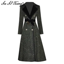 Seasixiang Fashion Designer Autumn Winter Tweed Coat Women Long Sleeve Velvet Patchwork Crystal Double Breasted Overcoat Outwear