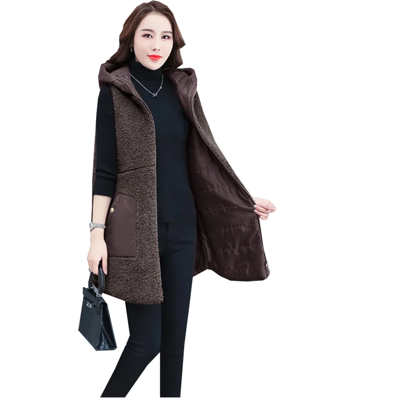 

Fashion Vest Women Autumn Winter 2022 New Patchwork Long Vest Loose Size Cotton Vest Jacket Female Hooded Pocket Vest Coat 3XL