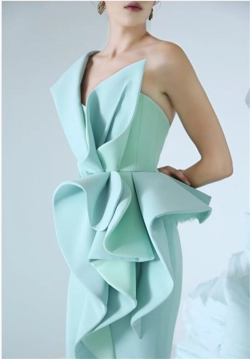 Mint Green Prom Dresses One Shoulder Ruffles Evening Dress Custom Made Sleeveless Floor Length Princess Party Gown