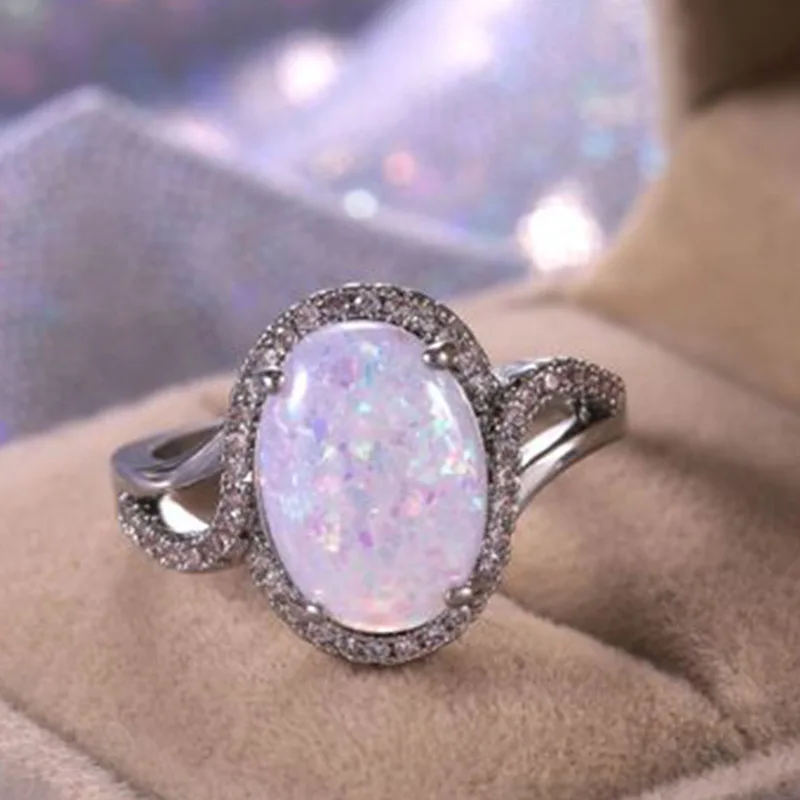 Milangirl Large Oval Fire Opal Ring Fashion Jewelry White Moonstone Bright Color Rings for Women Wedding Engagement Ring