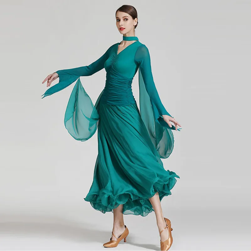 Back Fluttering Chiffon Long Women Ballroom Dress Standard Dance Dress Waltz Costumes Tango Dance Wear For Rumba Practice