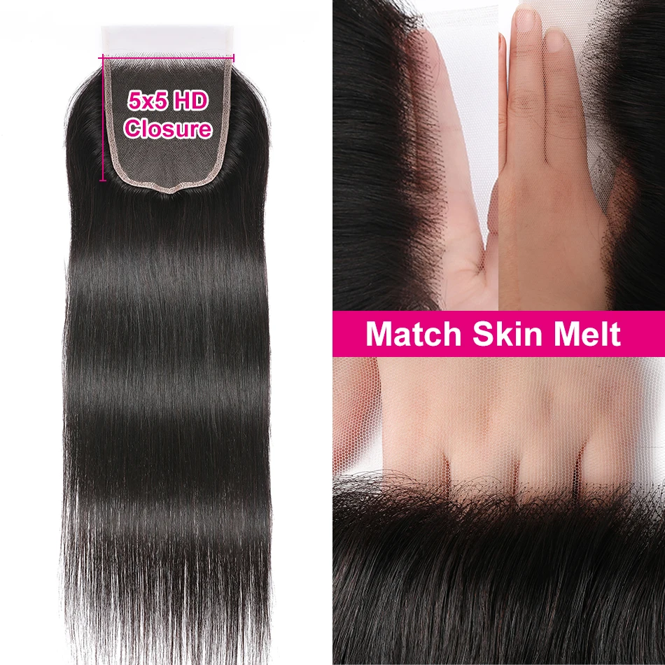 UNice 5x5 HD Lace Closure 26Inch Straight Human Hair Lace Closure 4x4 Transparent Lace Closure 1PC Free Part