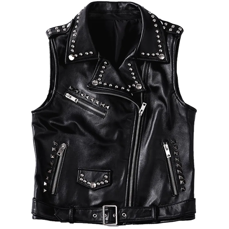 Motorcycle Sleeveless Sheepskin Real Leather Vest Women Punk Rivets Waistcoat High Quality Biker Genuine Leather Outwear Vests