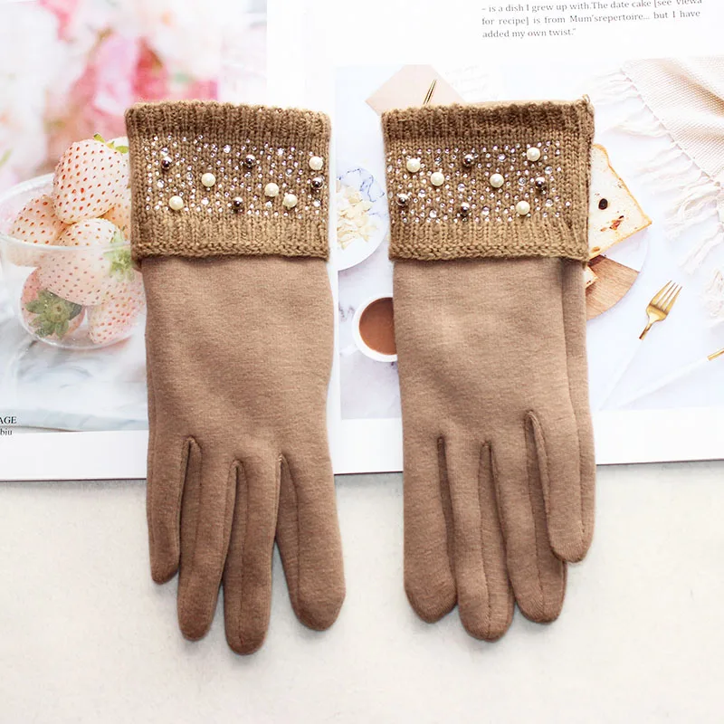 Knitted Cotton Gloves Women's Fashion Plus Sleeve Style Fleece to Keep Warm Spring and Autumn Elastic Fabric Finger Gloves