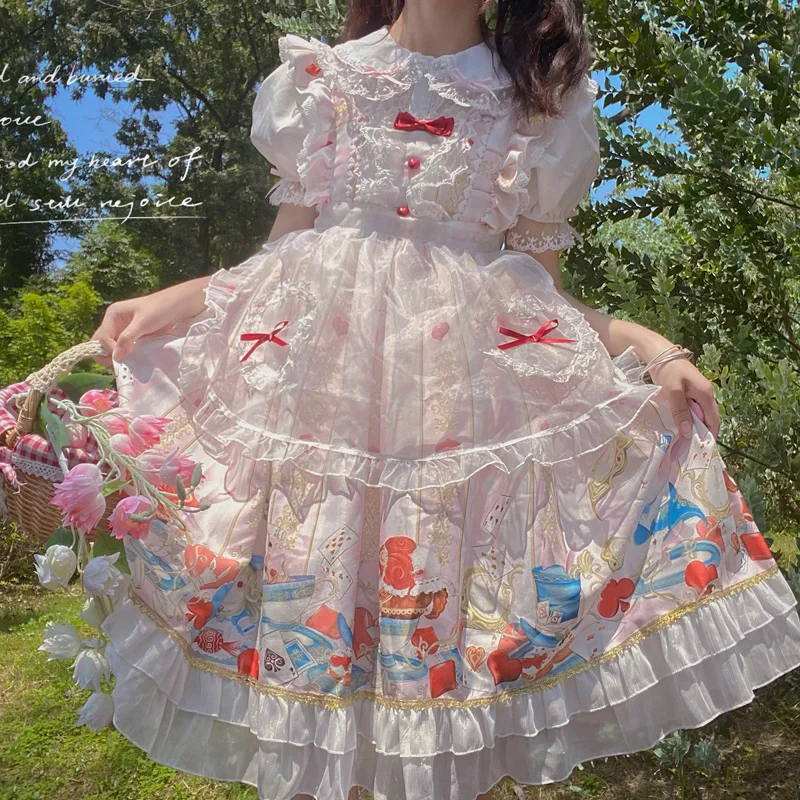 Japanese Summer Sweet Lolita Style Soft Girl Camisole Dress Kawaii Cartoons Printing Ruffles Sleeveless Bow Lace Gauze JSK Dress