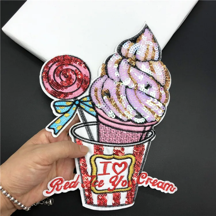 1Pc New Sequin Ice Cream Large DIY Patch Back Adhesive Embroidery Cloth Jacket Sweater Garnish