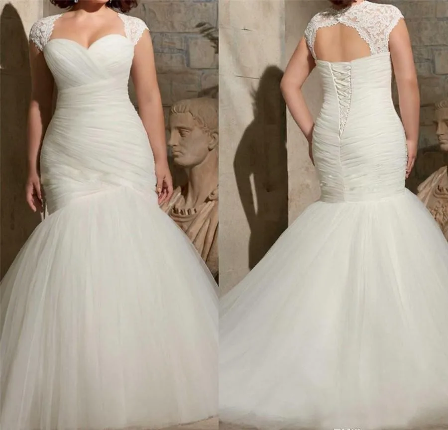 Robe de mariée trompette avec des plis en dentelle, tenue de mariage Vintage, manches cape, grande taille, style sirène, bon marché, 2021