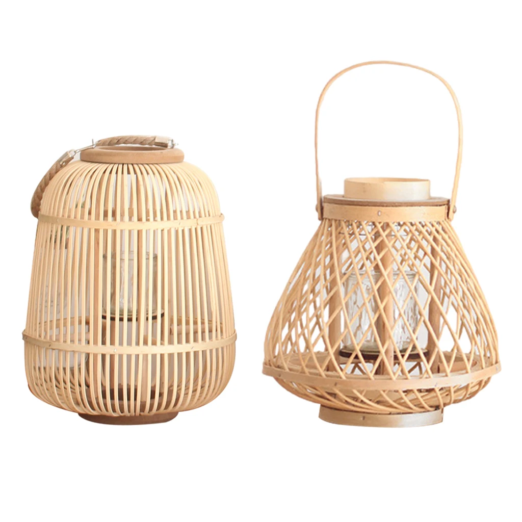 Vintage Style Bamboo Rattan Lantern Hand Woven Hollow Candlestick Candle Holder Stand Crafts for Weddings Parties Patio Events