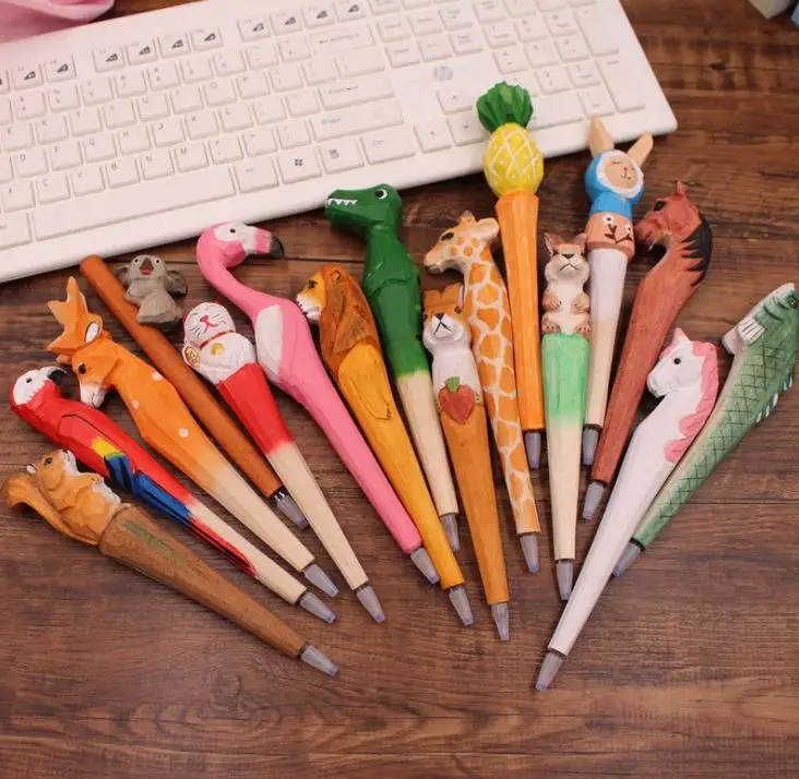 

200pcs/sets Handmade Ballpoint Pen Lovely Artificial Wood Carving Animal ball pen Creative Arts blue pens gift New many color SN