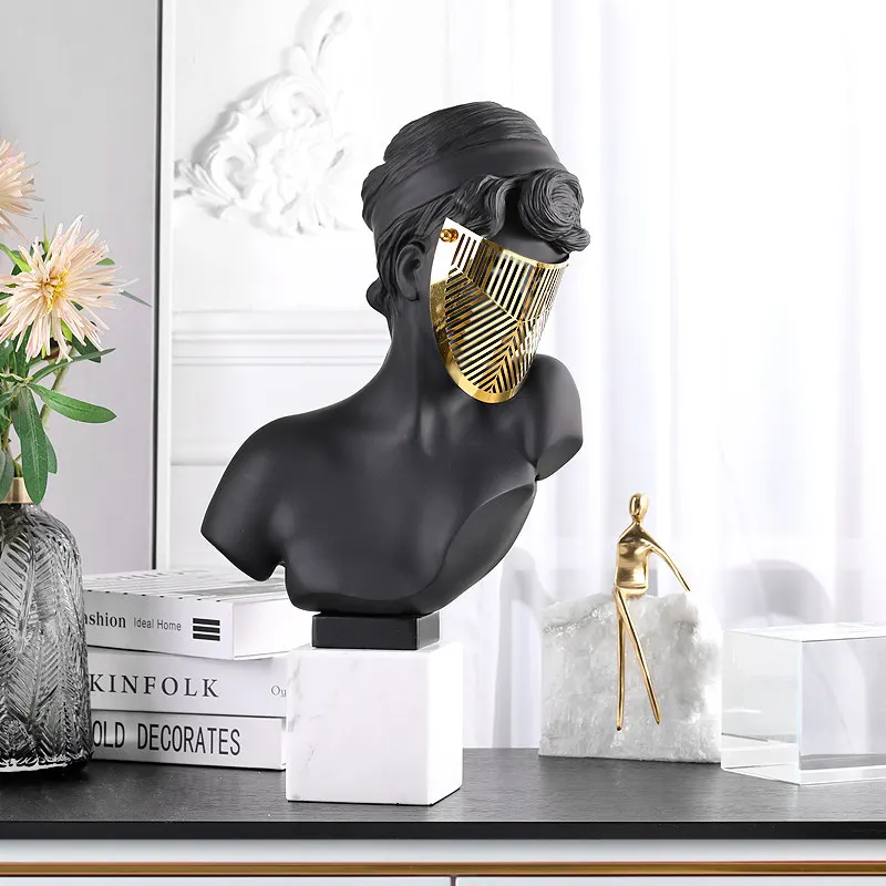 

Modern Resin Portrait Marble Base Metal Mask Statue Ornaments Home Livingroom Figurines Crafts Hotel Lobby Character Decoration