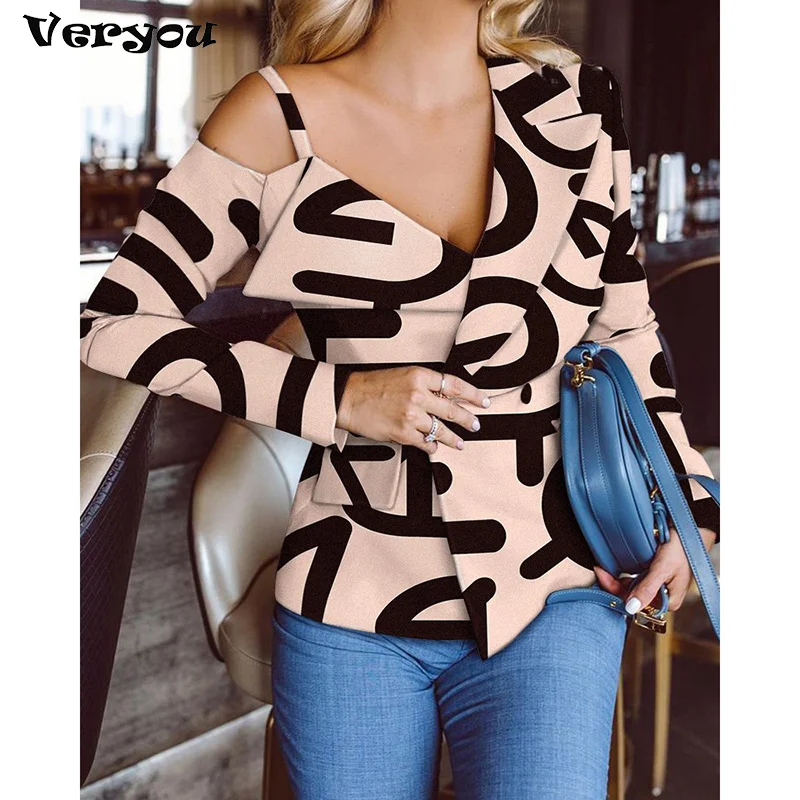 2021 Sexy Off-Shoulder Shirt Coat Women Top Fashion Long-sleeved V-neck Printed Jacket For Women Spring Fall Jackets