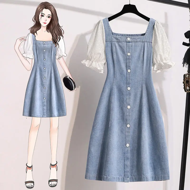 2023 New Summer Dress Women's Clothing Cute Large Size M-5XL Square Neck Light Blue Stitching Denim Dress Woman Dresses e025