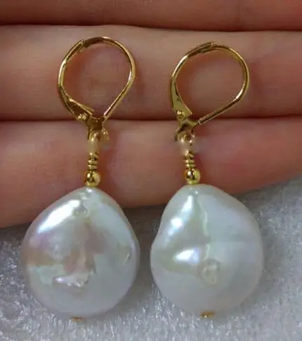 

TwoPin Beads earbob 14-15mm South Sea White Baroque Pearl Earrings Luxury