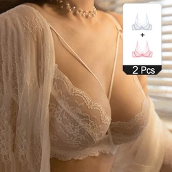 2 Pieces Deep V Lace Bras For Women Plus Size Sexy Lingerie Transparent Ultra Thin Brassiere Top White Pink Black A B C D E Cup