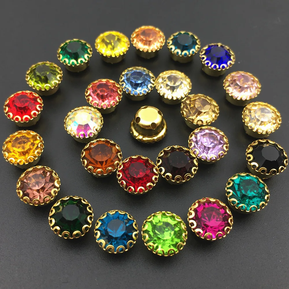 6mm 8mm Round Glass Chatons Crystal With Gold Lace Claw setting Nice Colors Sew On Rhinestone Beads Bags Wedding Dress Diy