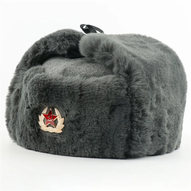 Soviet Army Military Badge Russia Ushanka Bomber Hats Pilot Trapper trooper Hat Winter Faux Rabbit Fur Earflap Men Snow Caps