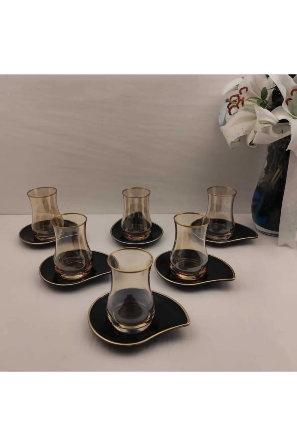 

Yellow Cup black plate 12 piece Tea set Turkish Tea Cup Glass Cup Glass Cup