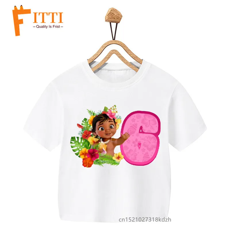 T-shirt blanc imprimé fleurs et nombres d\'anniversaire Moana pour filles, vêtements amusants Kawaii d\'été pour enfants, vêtements pour petits bébés,