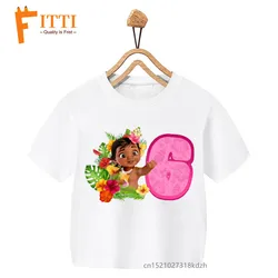 T-shirt blanc imprimé fleurs et nombres d'anniversaire Moana pour filles, vêtements amusants Kawaii d'été pour enfants, vêtements pour petits bébés, vêtements animaux Y2K, drop sunshine