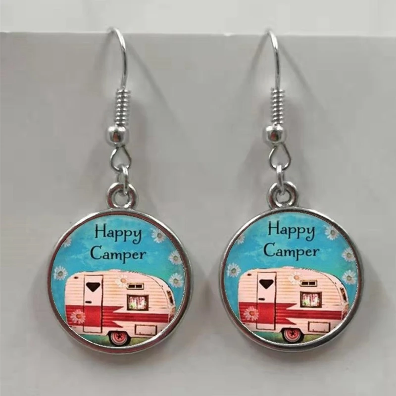 Happy camping cute wagon i camper earrings glass convex round traveler earrings goddess charm earrings wholesale