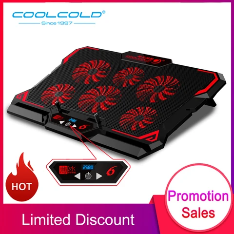 Coolcold 17 polegada gaming portátil cooler seis ventiladores tela led dois portas usb 2600rpm portátil almofada de refrigeração notebook suporte para portátil