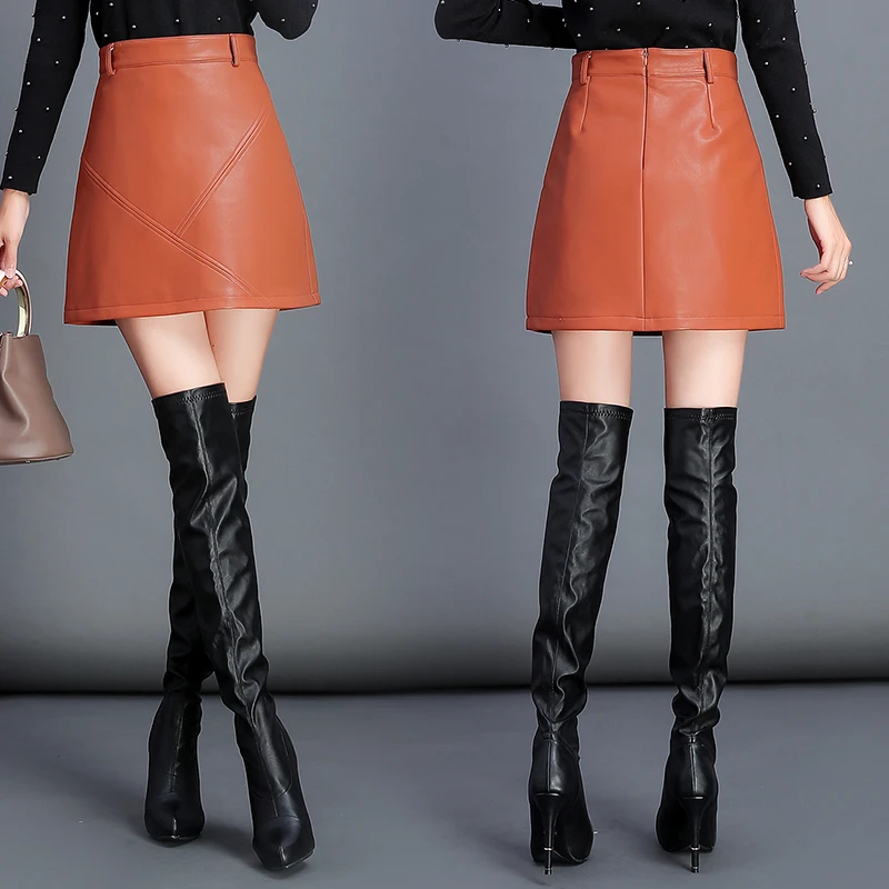 2020 new spring ladies pu leather skirt short slim skirt autumn ultra short skirt female zipper mini skirt winter black orange