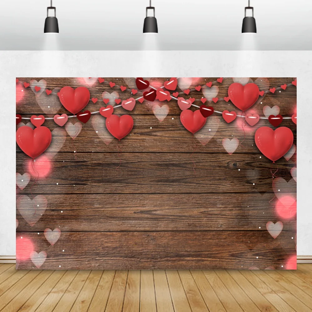 Wooden Boards Texture Background Red Love Heart Light Bokeh Valentine's Day Decor Poster Portrait Customized Photograpy Backdrop