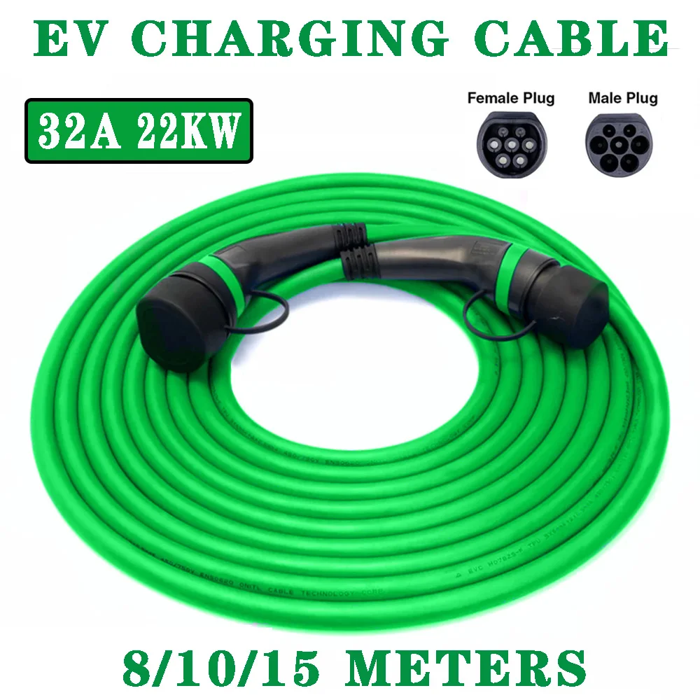 EV Charging Green Cable 8/10/15 Meters 32A 22KW 3Phase Electric Vehicle Cord Charger Station Type2 Female to Male Plug IEC 62196