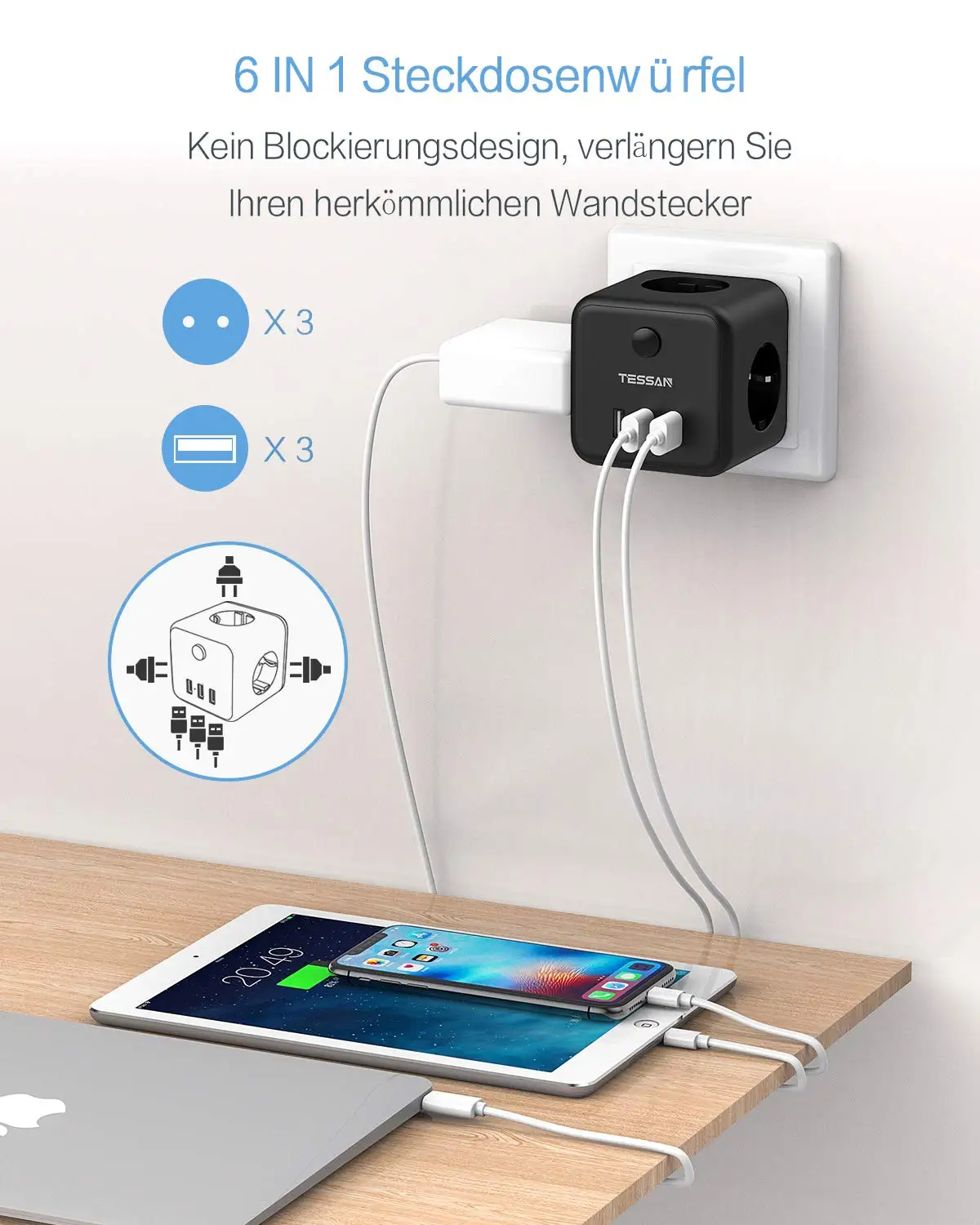 TESSAN Black Cube Socket Power Strip with Switch 3 EU Outlets 3 USB Charging Ports Europe Wall Socket Extender Adapter for Home