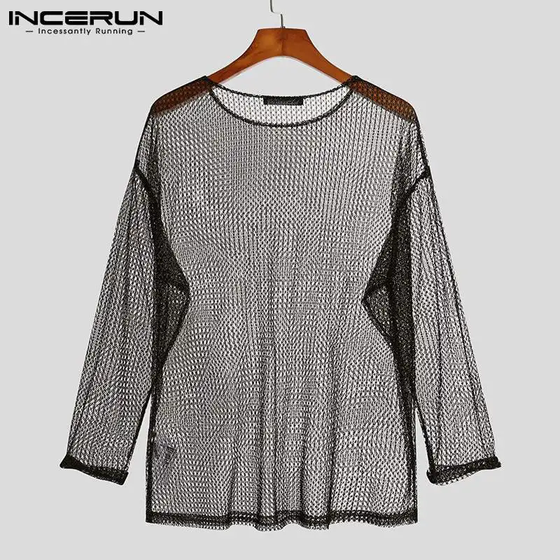إنسيرون-تي شيرت شبكي مجوف للرجال ، بأكمام طويلة ، كتف فضفاض ، كاجوال ، توبات مثيرة للذكور ، على الطراز الكوري ، * * #6