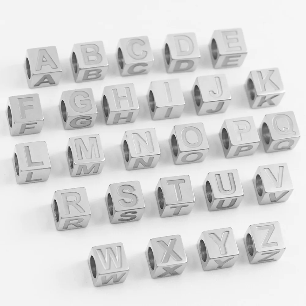 26pcs Cube Beads stainless steel Pendant Alphabet A-Z Letter Charms Stamp Initial Jewelry,7mm Beads For Jewelry Making Wholesale