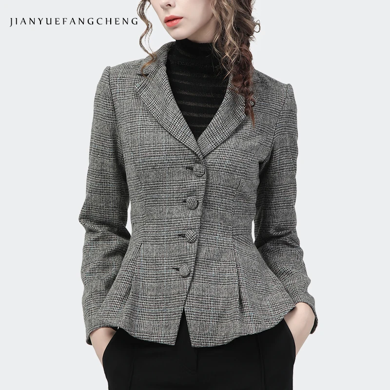 

Vintage Grey Plaid Long Sleeve Women Blazer 2022 Autumn New Elegant Slim Suit Collar Short Jacket Office Ladies Working Blazers