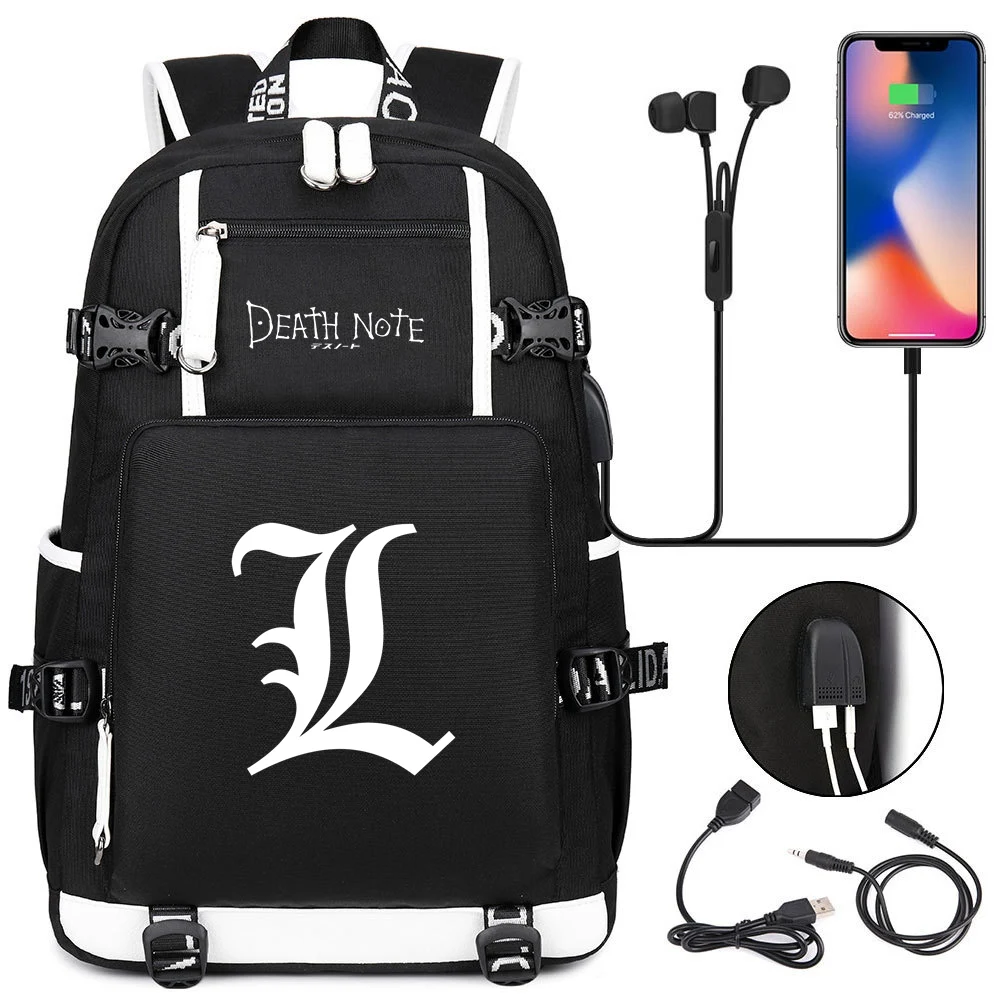 Anime Mochila Death Note L USB School Backpack Teens Kids Travel Laptop Shoulder Bags Black Bookbag Gift