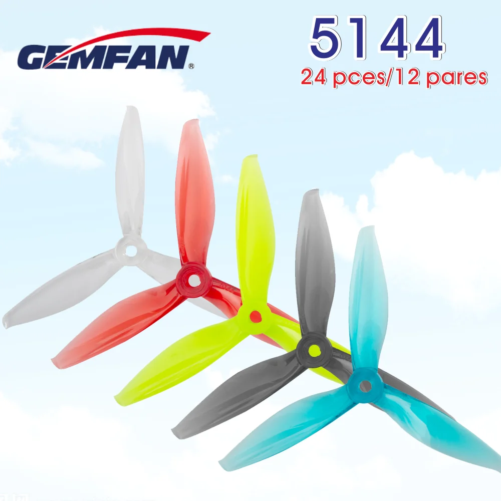 24pcs / 12pairs Gemfan 5144 5inch tri-blade/3 blade Propeller compatible F40PRO 2207 2306 Brushless motor for FPV RC Drone props