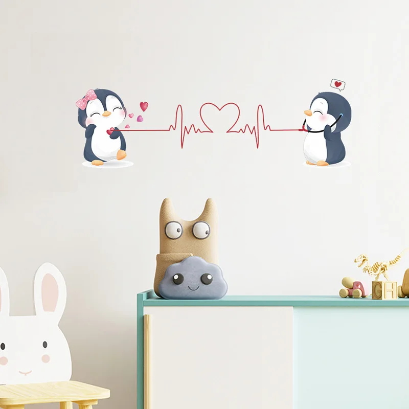 Cute Couple Penguins Wall Sticker Living Room Bedroom Background Home Decoration Cartoon Stickers Valentine\'s Day Wallpaper