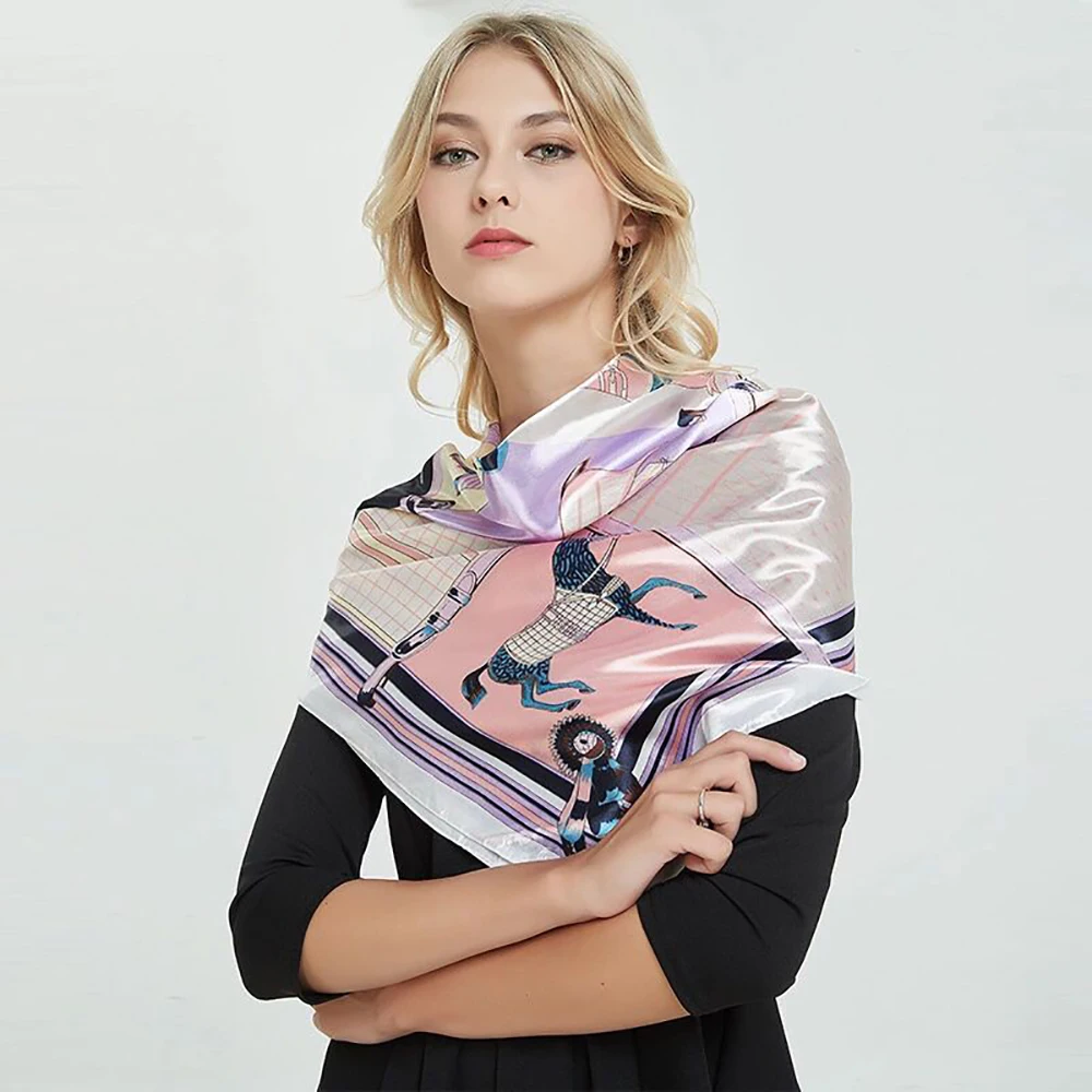 Europe 2022 Spring Lattice horse 90*90cm Lmitation Silk Large Square Scarf  Women\'s Accessories Head Scarf Beach Shawl Scarf