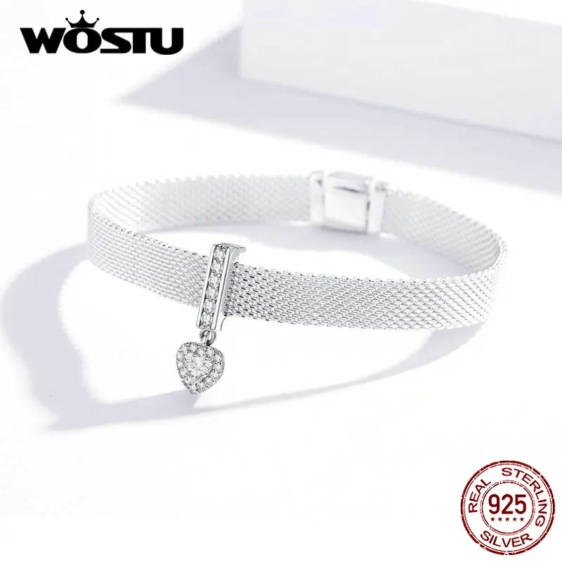 WOSTU 925 Sterling Silver Circle Charm Round CZ Bead Bead Clip Fit Original reflection Charm Bracelet Jewelry Accessories CQX101