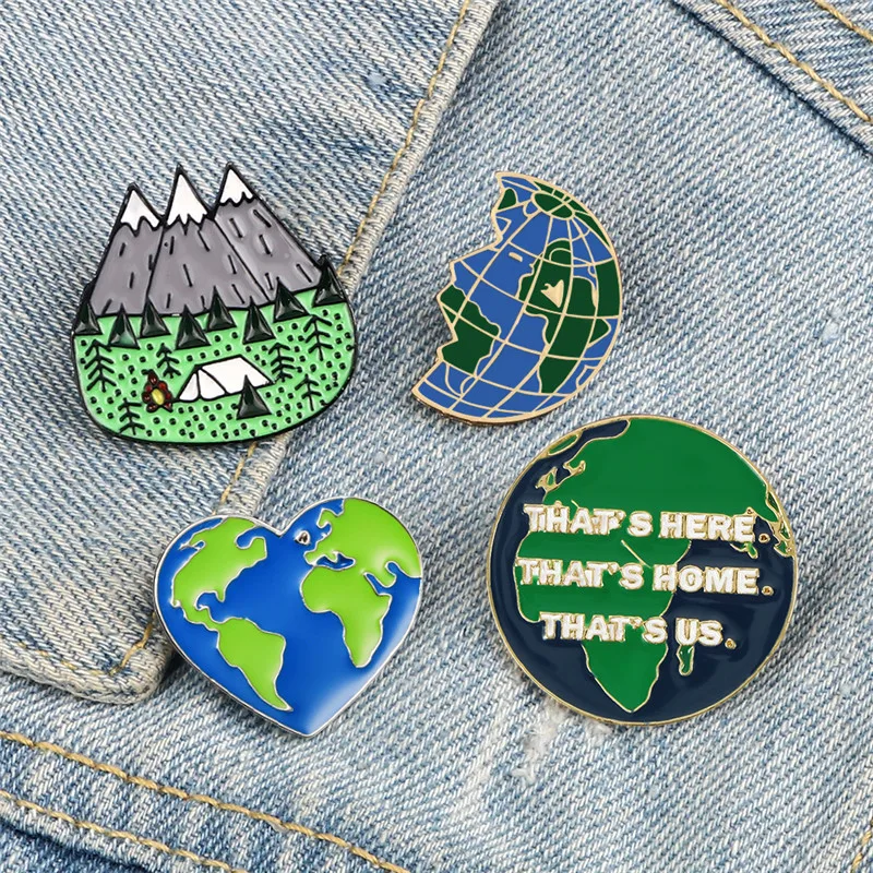 Save The Earth Brooches Green Forest Camping Enamel Pins Cute Badge Love Heart Pin Metal Fashion Accessories Gifts For Men Women