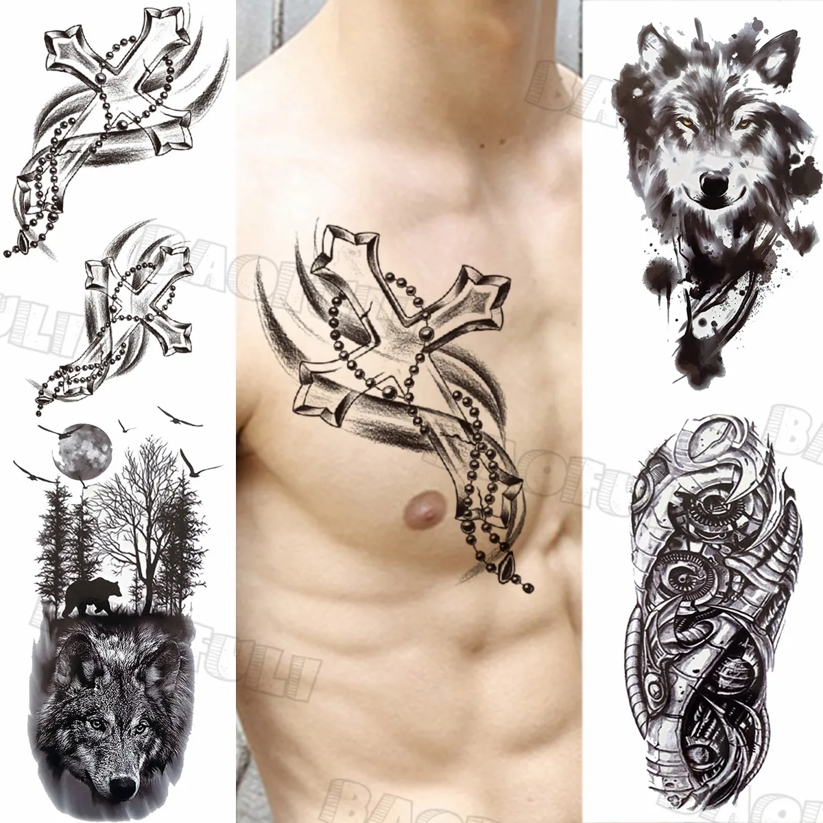 Cross Fake Cross Tijdelijke Tatoeages Voor Mannen Volwassen Wolf Robot Arm Realistische Fake Tattoo Borst Arm Mode Waterdichte Tatoo Sticker