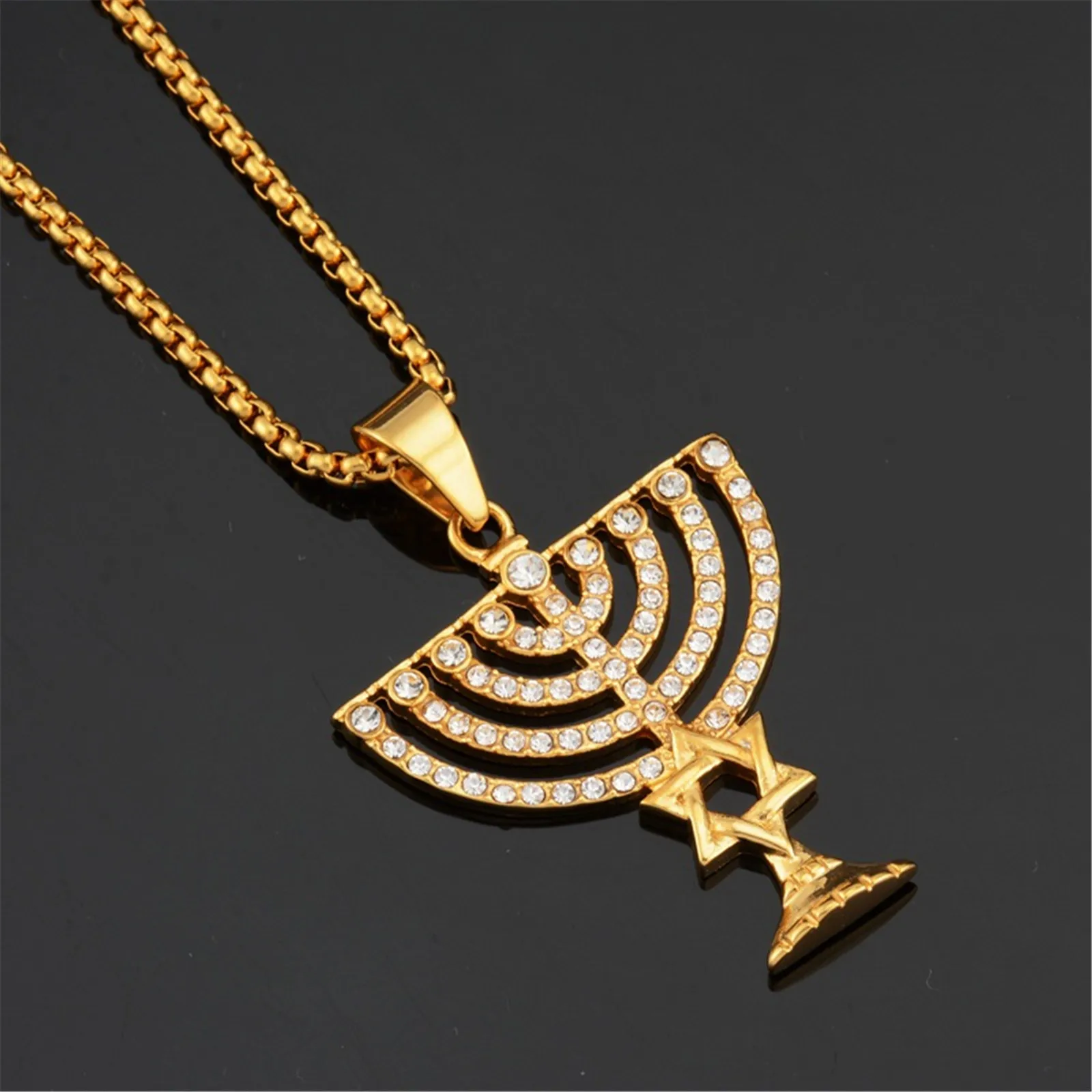 

Stainless Steel Menorah Pendant Necklace Gold Color with Zircon Setting Magen Star of David Jewish Religious Israel Jewelry