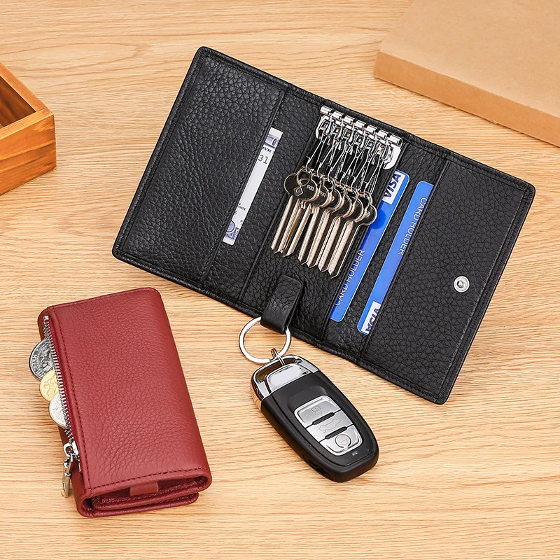 Simple Genuine Leather Unisex Key Wallets Practical Trifold Keys Organizer Men Car Key Holder Women Housekeeper Pouch Coin Purse