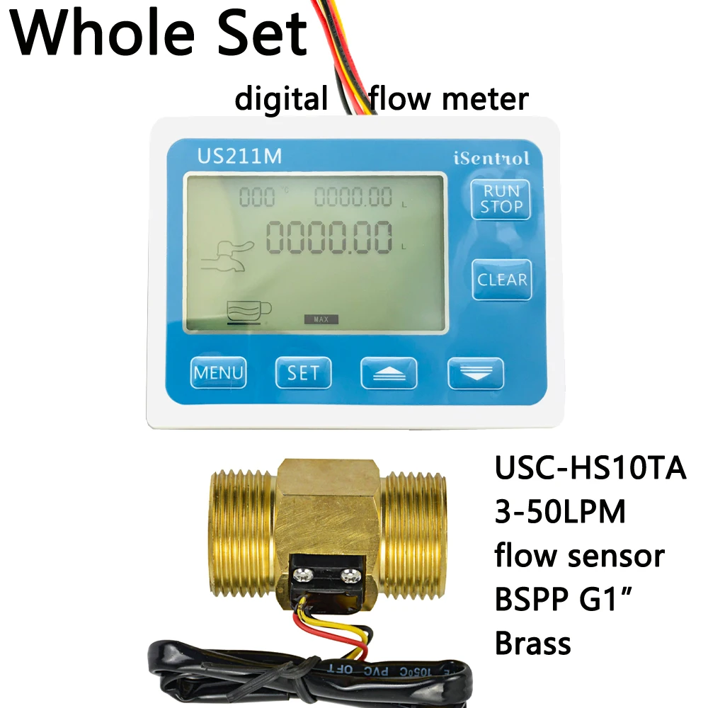 

US211M Digital Water Flow Meter with USC-HS10TA G1" Fine Brass 3-50L/min Hall Water Flow Sensor Reader Saier iSentrol Dijiang