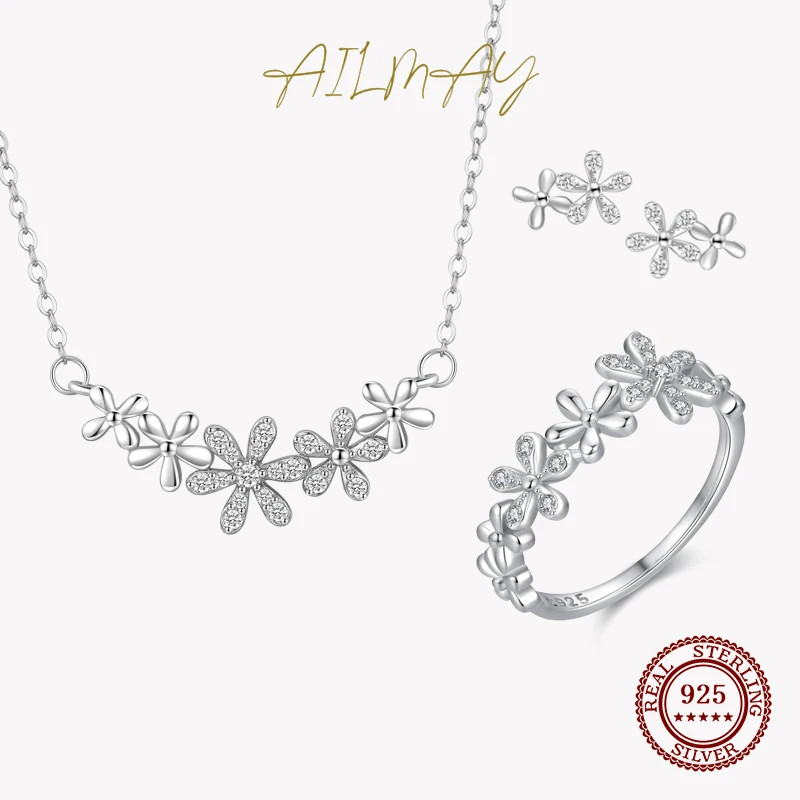 Ailmay Genuine 925 Sterling Silver Little Daisy exquisite Flowers Jewelry Sets Sparkling CZ For Women Statement Jewelry Gift