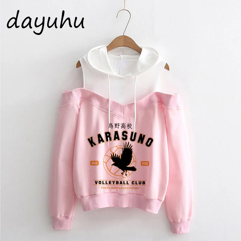 Japanese Anime Haikyuu Hoodies Off Shoulder Funny Karasuno Graphic Streetwear Winter Warm Fashion Manga Sweatshirts Female Y2k